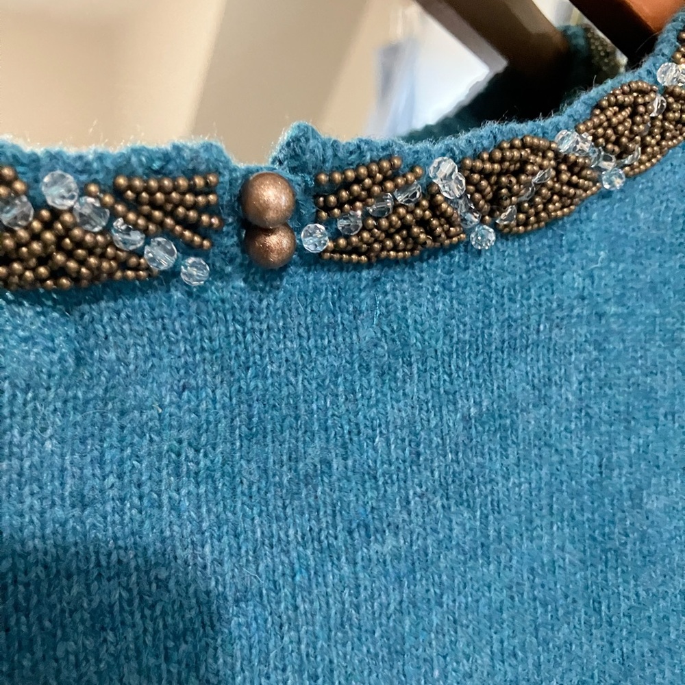 Lands' End Teal Wool Sweater with Beaded Neckline - Picture 5 of 12